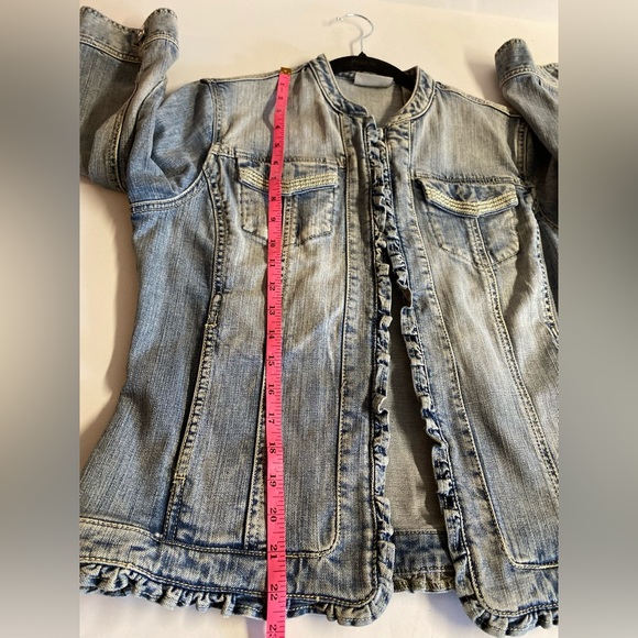 Chico’s Platinum Ruffled Jean jacket with rhinestone pockets and buttons.Size 8 - Picture 12 of 12
